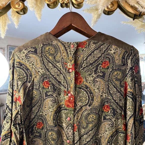 Raoul Black, Sage Green, and Orange Floral Paisley Long Sleeve Drop Waist Dress - Picture 8 of 13